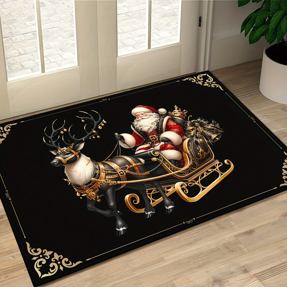 Get in the holiday spirit with our Merry Christmas Welcome Doormat! This 6mm thick mat is non-slip and machine washable, featuring a black and golden elk design that is perfect for adding a festive touch to your home decor. Ideal for Christmas