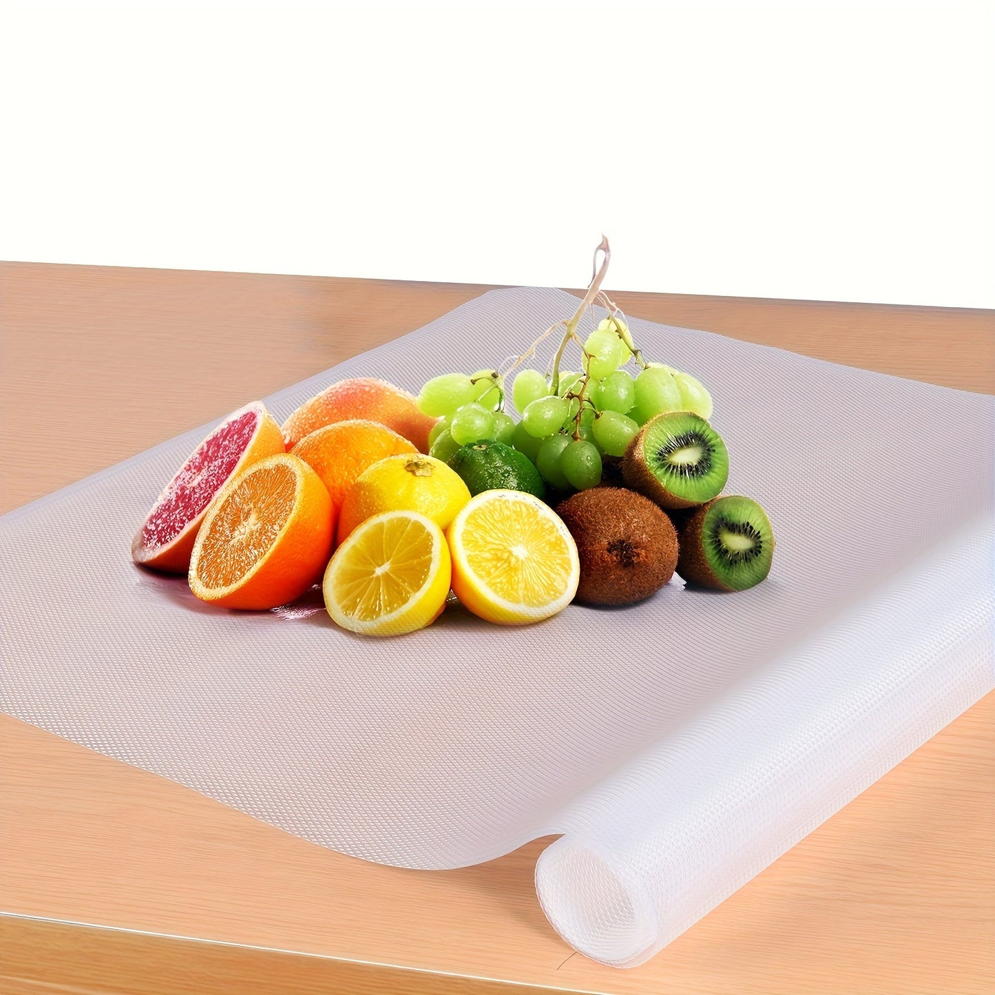 Waterproof, oil-proof, and moisture-repellent shelf liner for kitchen cabinets, drawers, refrigerators, and more. This easy-to-clean plastic mat is perfect for home organization.