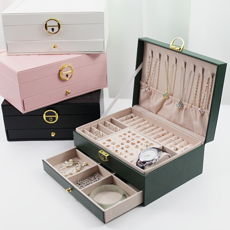 Luxurious faux leather jewelry organizer with lock, spacious drawers for accessories - perfect gift for women and girls.