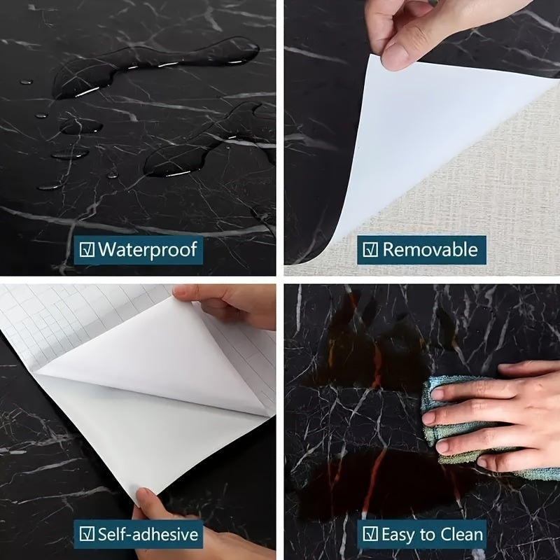 High-end Self-Adhesive Wallpaper in Black Marble - Resistant to Water, Oil, and Heat, Effortless Peel & Stick for Kitchen, Furniture, and DIY Projects.