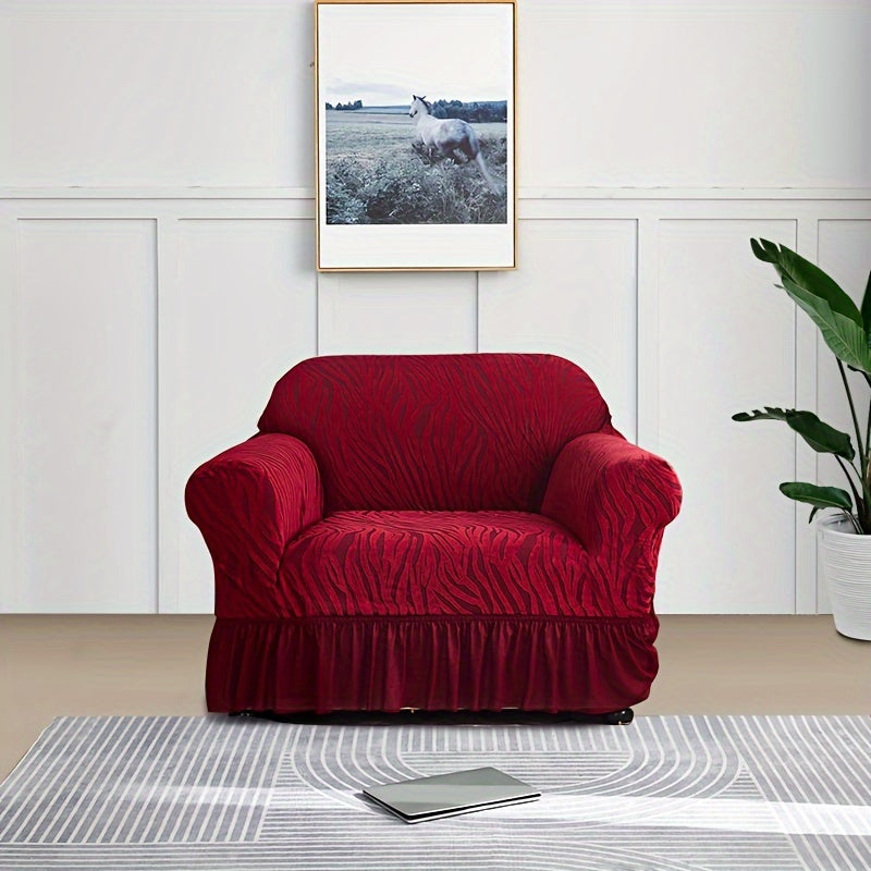 Wave pattern sofa slipcover with skirt, non-slip and dustproof. Protects furniture from cat scratches. Machine washable for easy cleaning. Suitable for bedroom, office, or living room décor.