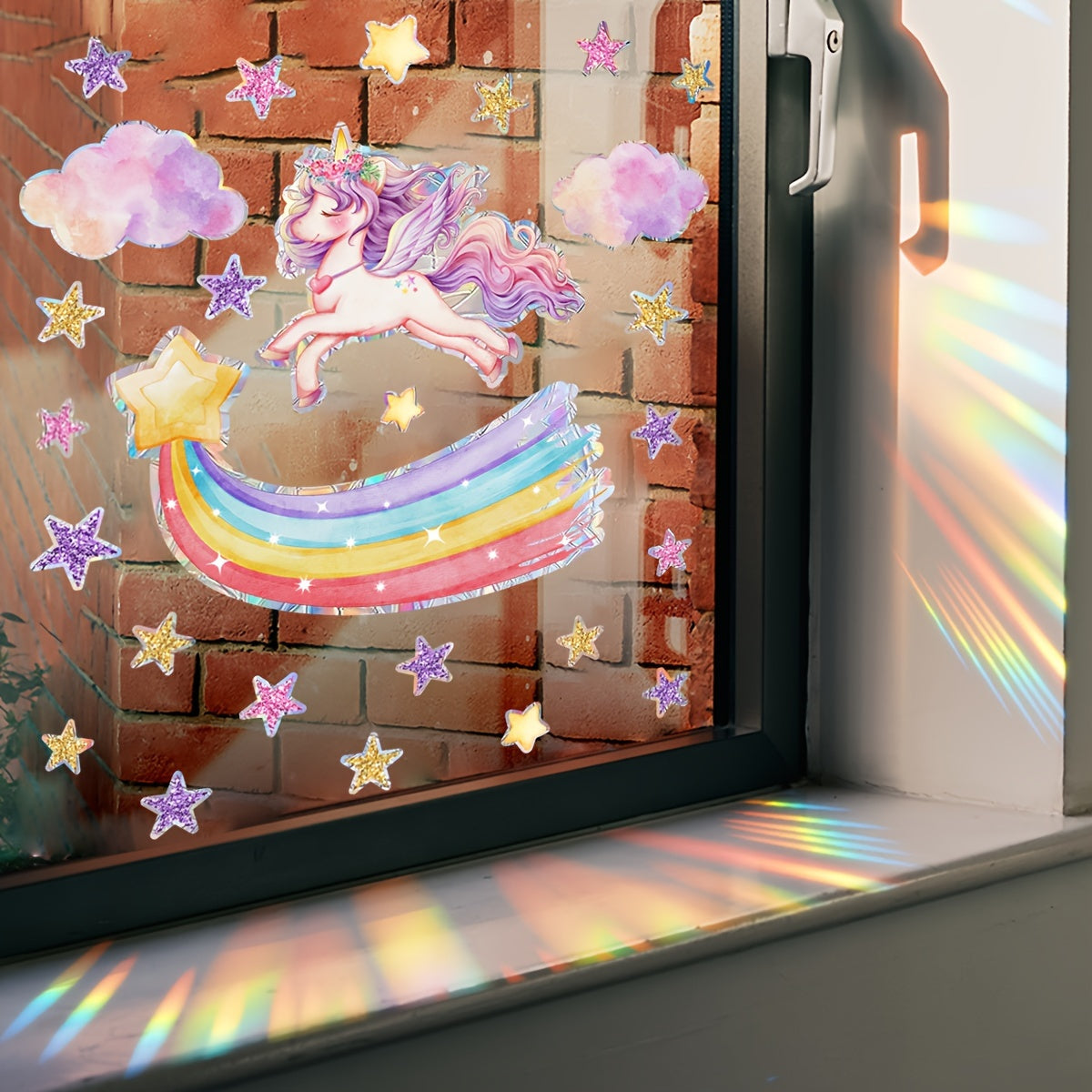 Reusable Rainbow Unicorn & Star Window Clings - Matte Finish PVC Static Decals for Glass Surfaces