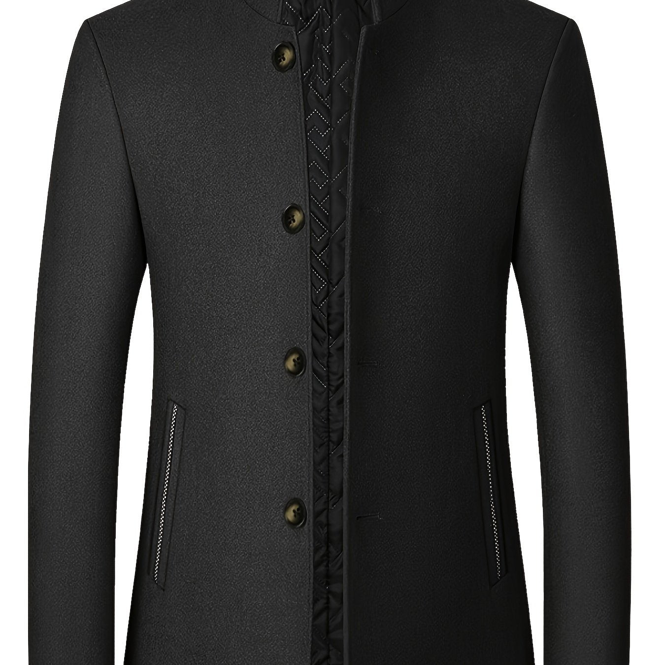 Men's casual tweed jacket in black with stand collar, button-up closure, side pockets, and long sleeves, ideal for fall/winter. Made of a polyester blend.