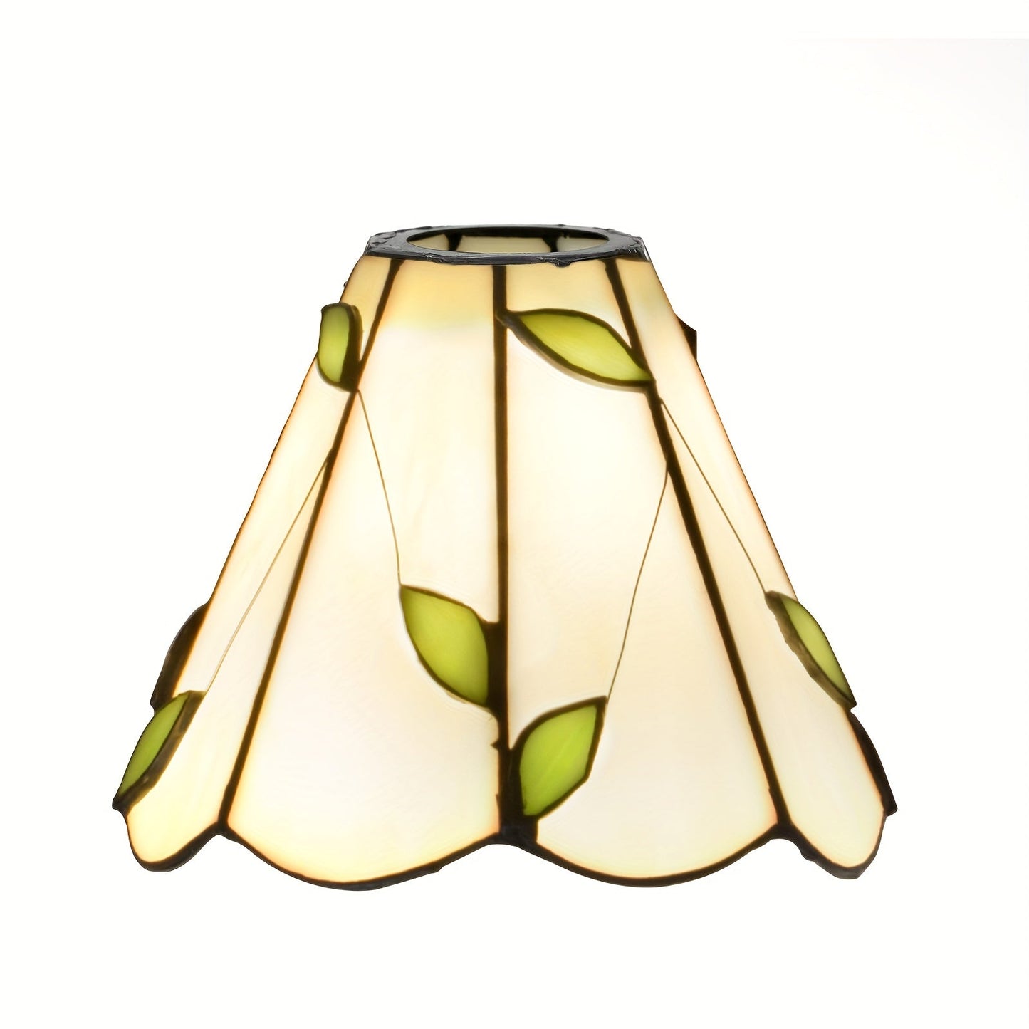 This 6-Inch Leaf Pattern Handcrafted Stained Glass Lamp Shade is an artisan crafted decorative piece perfect for pendant and wall lighting fixtures. Suitable for ages 14 and up, this lampshade does not include any battery or wireless features.