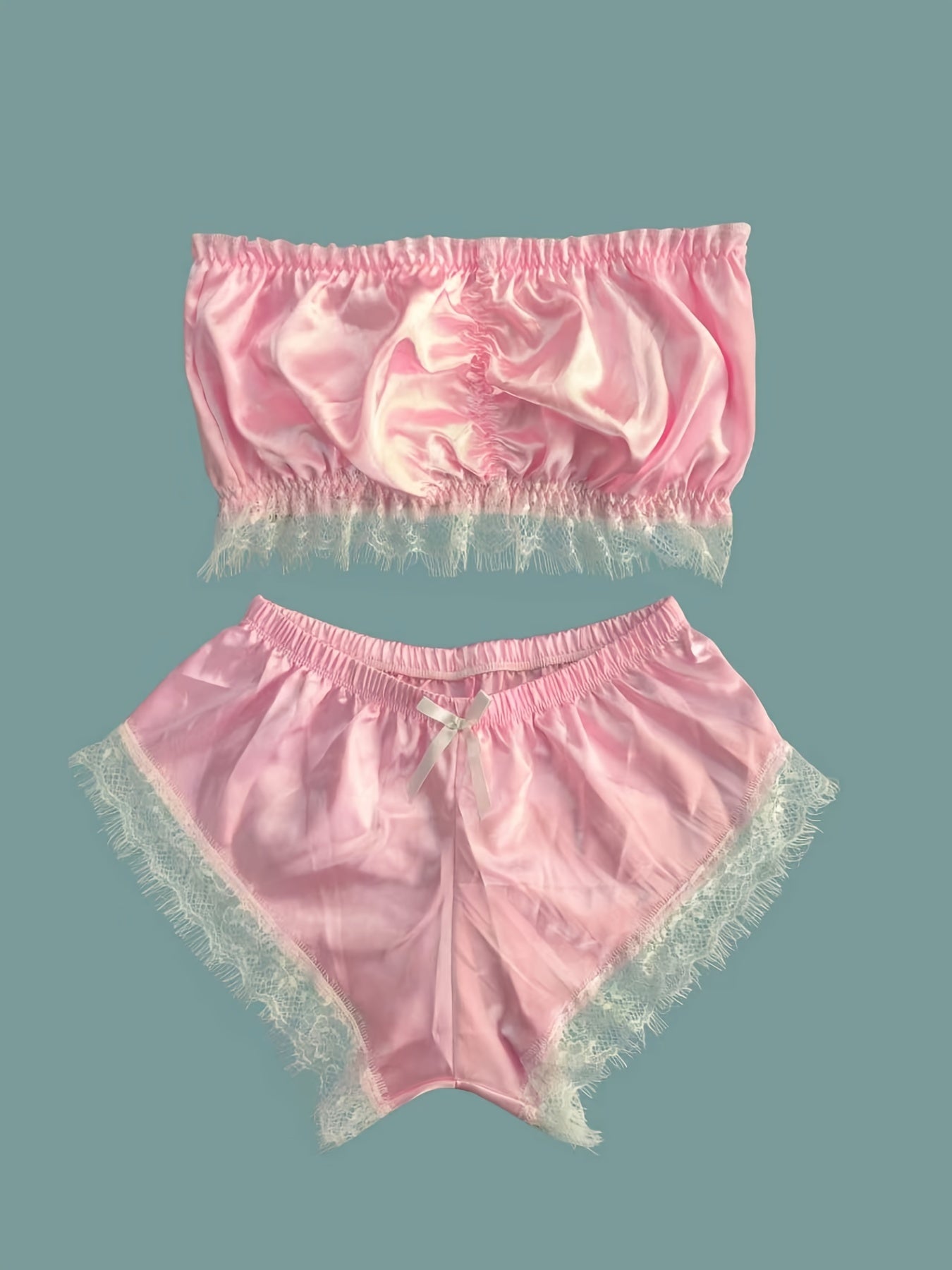 Women's sleepwear with lace trim pajama set and satin tube tops with shorts.