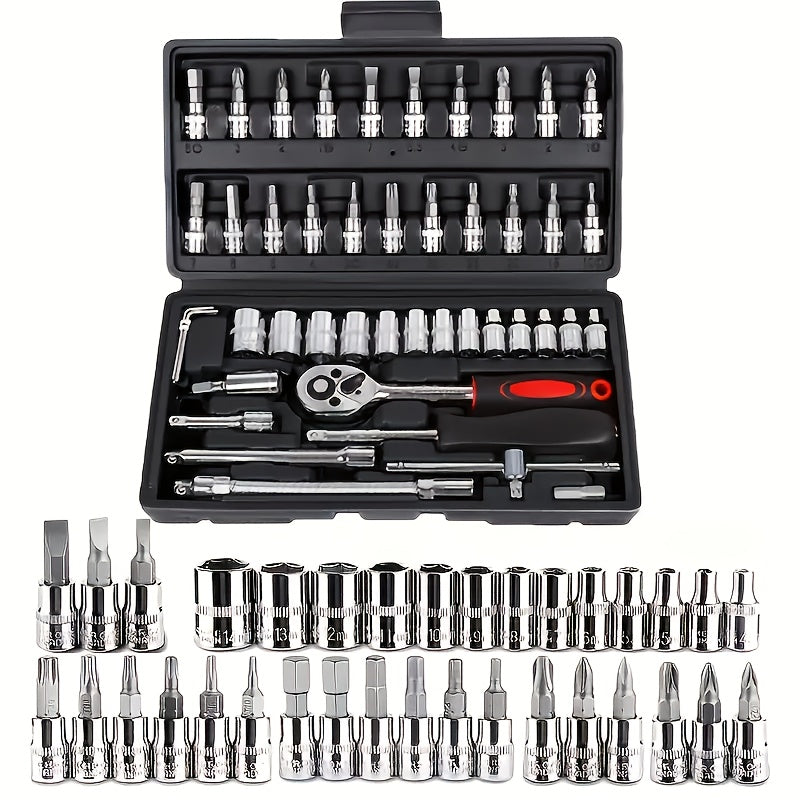 46-pc Chrome Vanadium Steel Socket Wrench Set with 1/4" Ratchet & Metric Tools, Durable, No assembly needed, Ideal for Auto Repair & Home Use, Comes with Storage Case