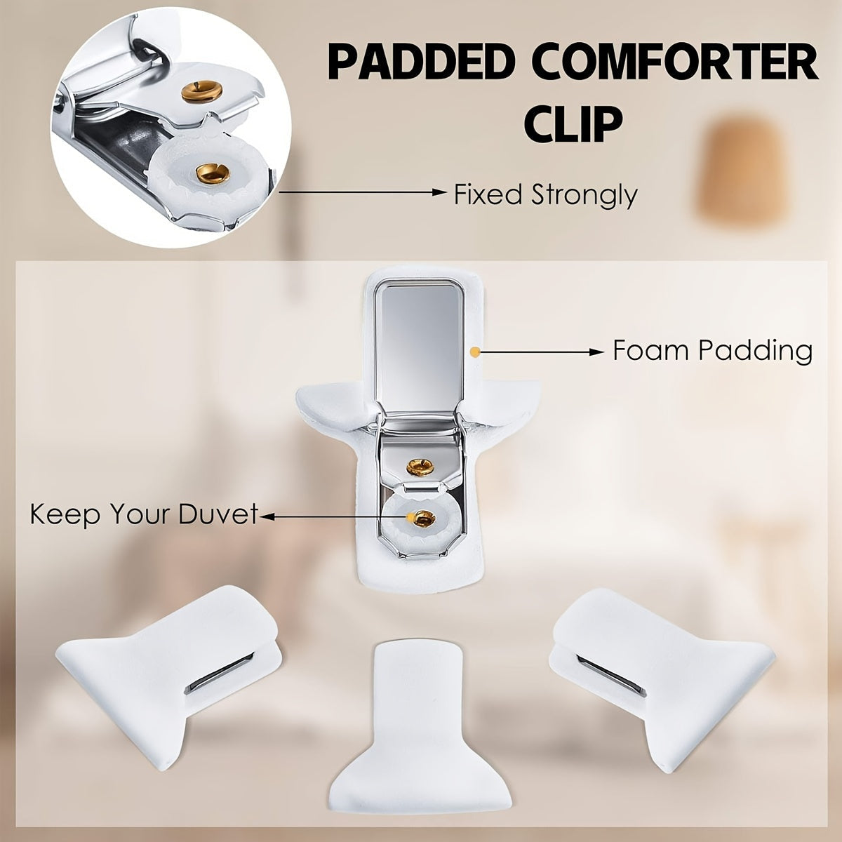 Secure your bedding with these 12-Pack White Padded Comforter Clips, perfect for fastening duvets, bedspreads, and quilts. Made with foam padding for a comfortable hold, these clips help keep your blankets in place while making cleaning easier.