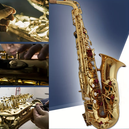 Classic style alto saxophone in E-flat with brass construction and polished finish, includes case and maintenance kit.