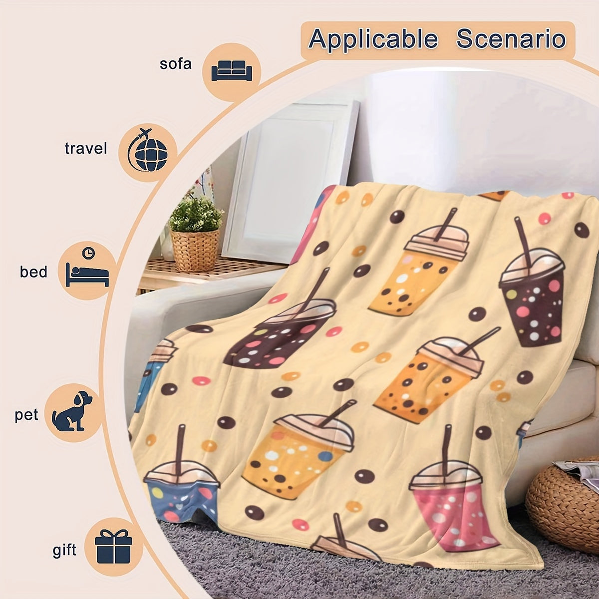 Modern Boba Tea Design Flannel Throw Blanket - Soft and Lightweight, Perfect for Bed or Sofa - Features Cartoon Bubble Pattern, Ideal for All Seasons - Made with Soft Knit Digital-Print Polyester Cover, 200-250 g/㎡.