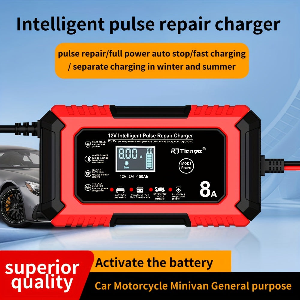 12V 8A Smart Pulse Repair Charger with LCD Display for Vehicles - Intelligent Battery Maintainer for Various Battery Types - Automatic Mode, Overheat & Overcharge Protection, Stylish Red &