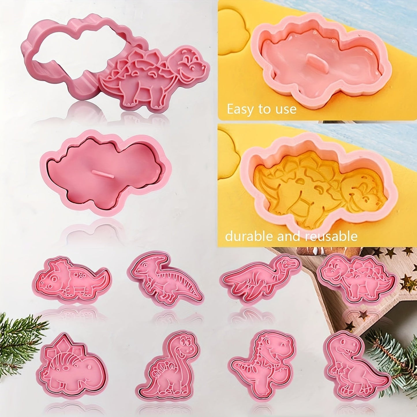 Set of 8 Dinosaur Cookie Cutters - Strong Plastic Molds and Stamps for Use at Home, in Bakeries, and Dessert Shops