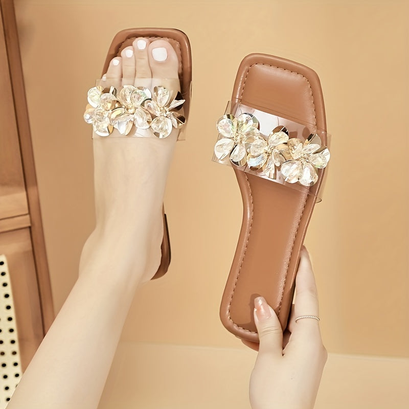 Women's Rhinestone Floral Sandals with Slip-On Transparent Band and Square Toe Flat Soft-Sole.