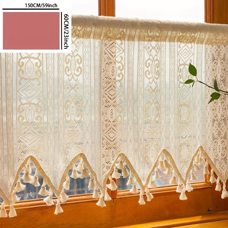 Artistic Boho Geometric Lace Tassel Cafe Curtain Tiers - Made from Polyester, these Semi-Sheer Rod Pocket Kitchen Window Curtains have Thermal Insulated Features. Hand Wash Only. Unique & Cordless Design.