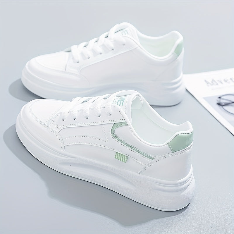 Height increasing lace-up platform skate shoes for women in white, suitable for outdoor walking and available in plus sizes.