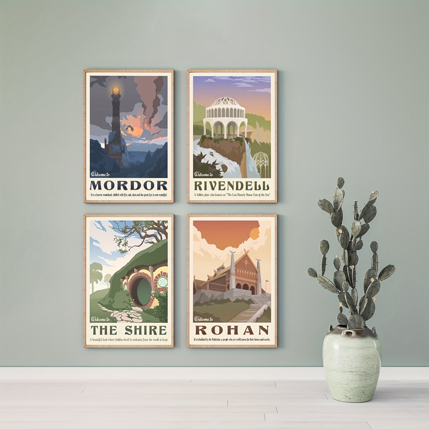 Set of 4 Middle Earth landscape canvas paintings, perfect for decorating any room without the need for frames