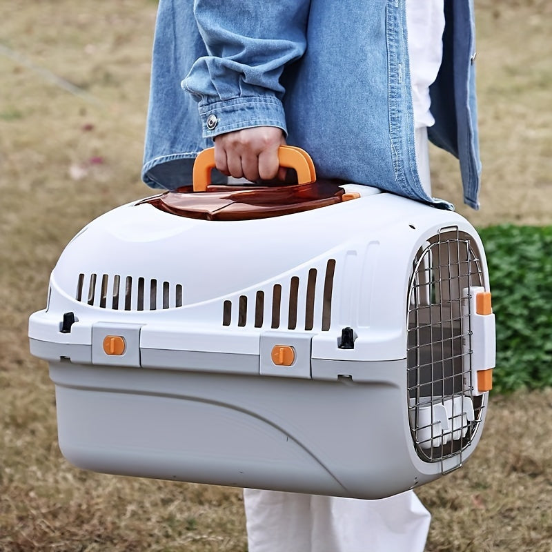 Portable cat carrier box made of PP material with breathable design, safety buckle door, all-season pet travel case, easy access/feeding, panoramic skylight, for home & outdoor use.