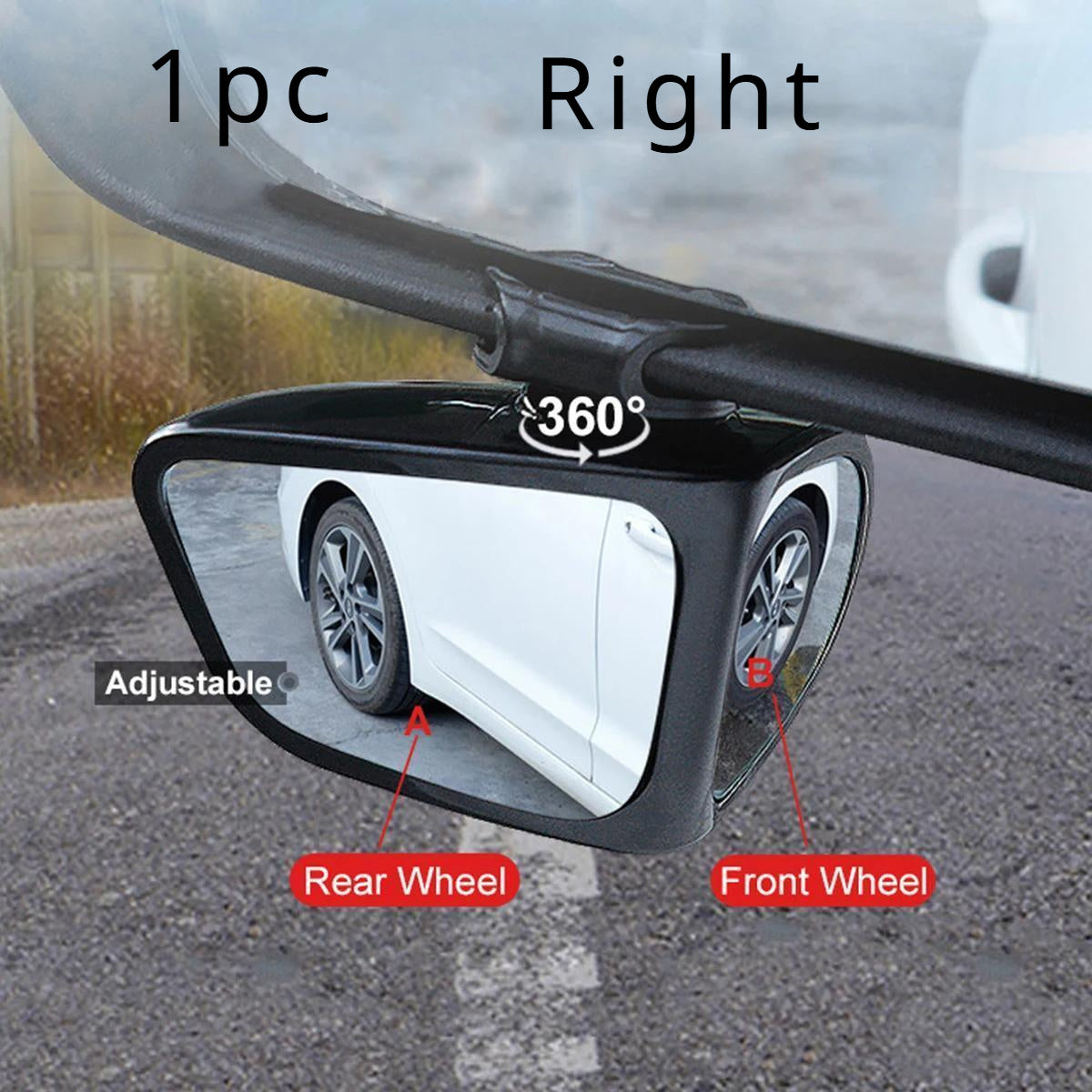 High definition blind spot mirror with 360° adjustability, wide-angle view for front and rear wheels. Ideal for trucks, SUVs, and cars.