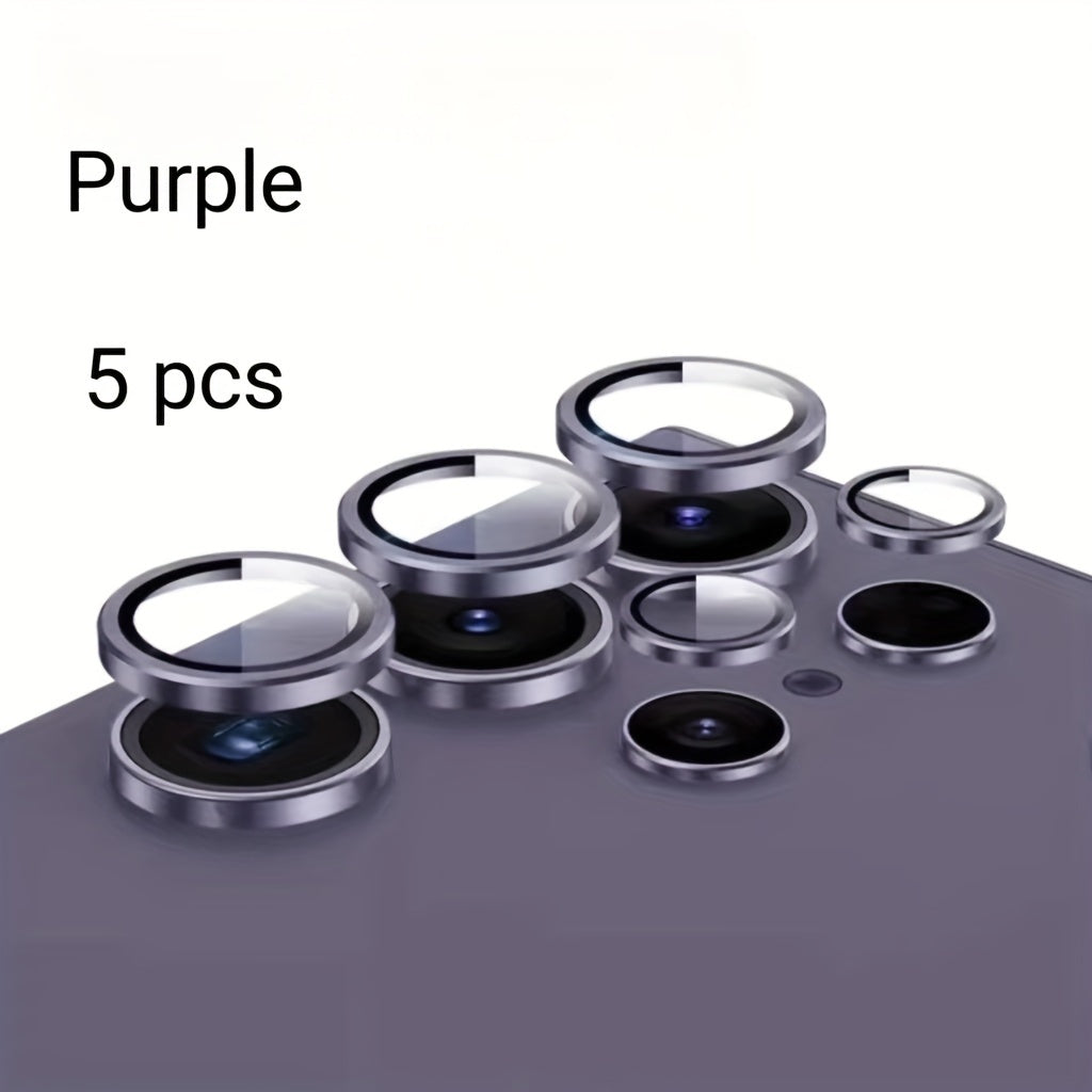 Set of 3 camera metal rings and tempered glass lens protectors for various Samsung Galaxy models.