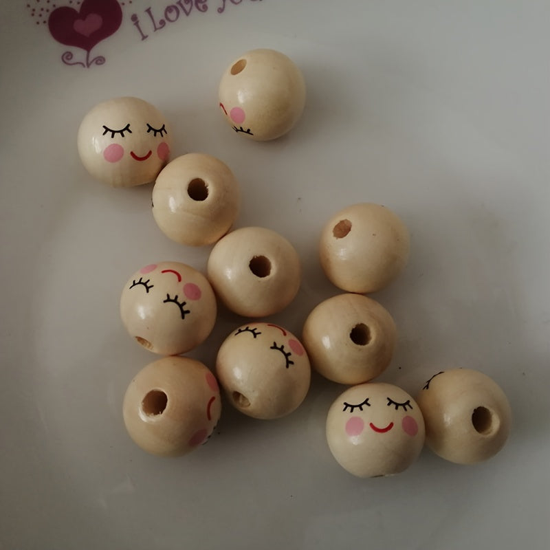 Fifty pieces of 14MM Wooden Hole Beads, Ball Spacer Beads with Holes, Cute Smiling Doll Head Beads for DIY Jewelry Making, Perfect for Eyelash Girls Face Designs.