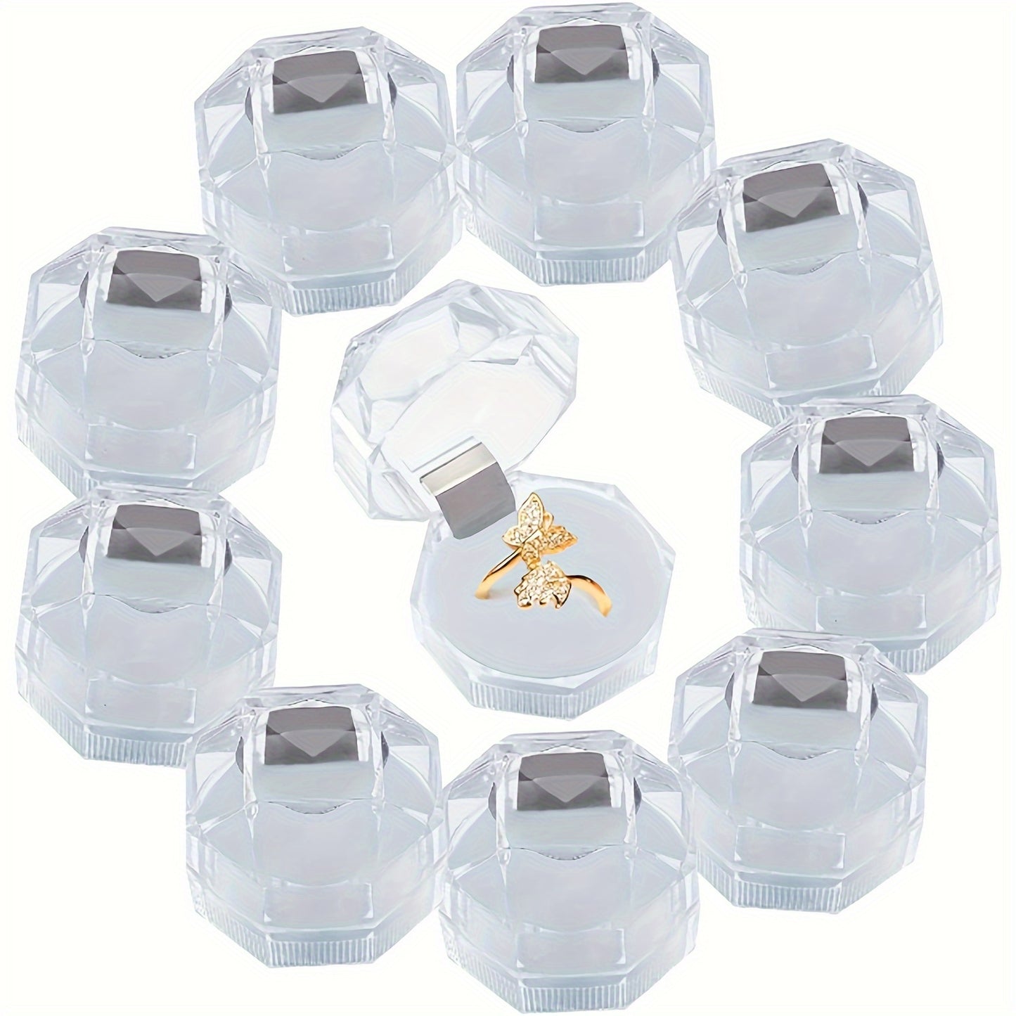 10 elegant octagonal crystal clear plastic ring boxes with metal interior - ideal for jewelry display, weddings, parties, and as jewelry boxes.