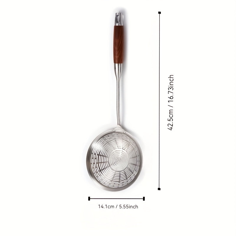 Premium Fry Cook Stainless Steel Strainer Skimmer with Wooden Handle, Durable, Dishwasher Safe, Brushed Finish, Available in Sizes 14.1cm, 16.0cm, and 18.29cm - Ideal for Kitchen Cooking Utensils