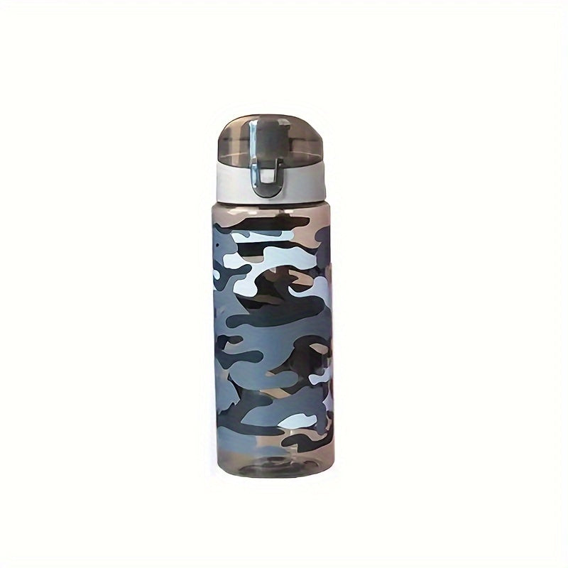 Camouflage sports water bottle, 600ml capacity, ideal for camping, hiking, fitness, and outdoor activities. Suitable as a birthday gift for travel enthusiasts.