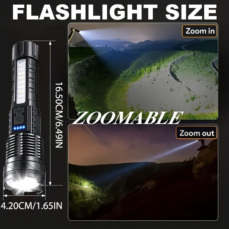 1pc Portable Camping Flashlight, USB Rechargeable LED Handheld Torch with Red-Blue Warning Light for Fishing, Adventure, Emergency, Hiking, Outdoor Searchlight.