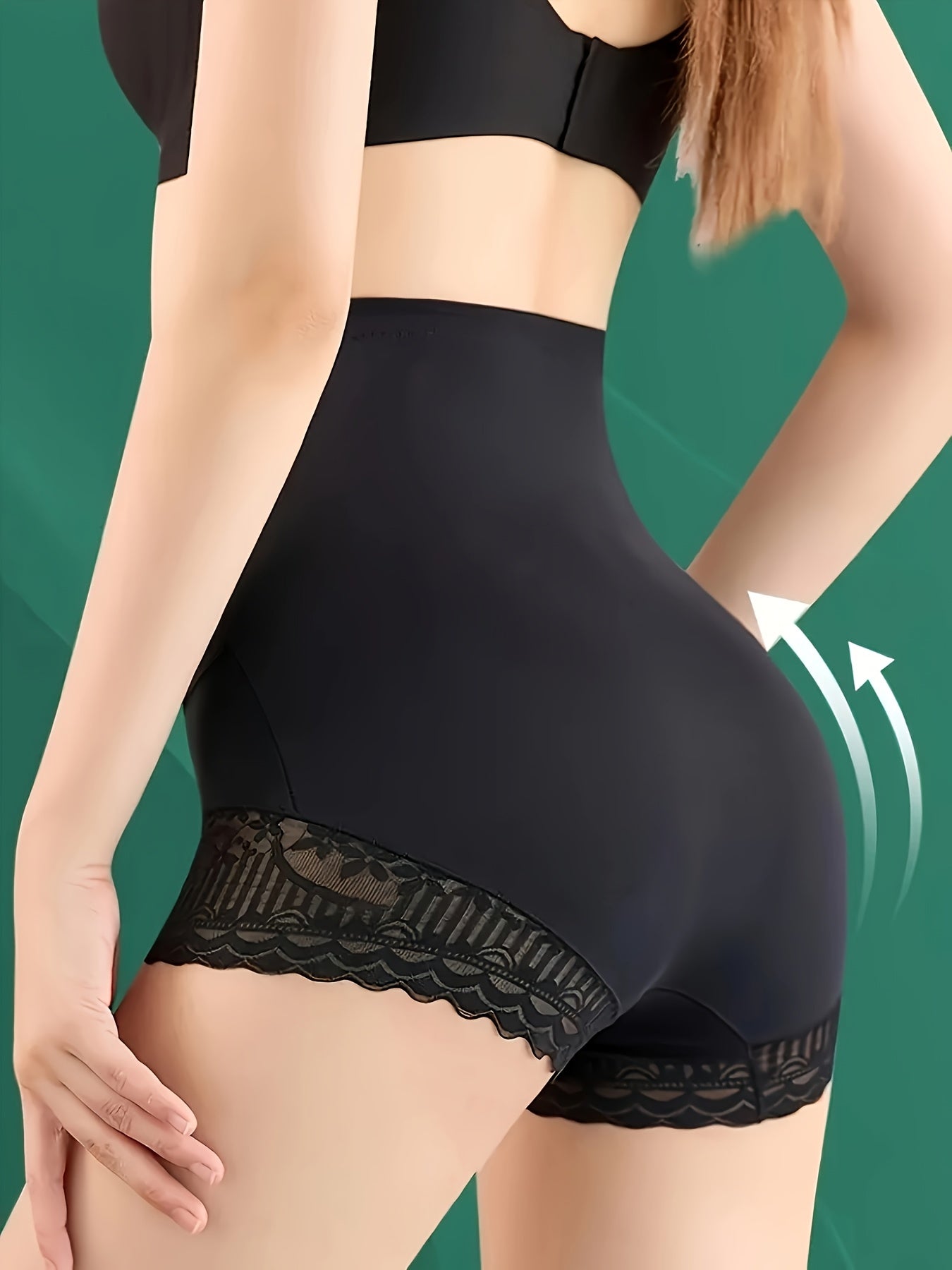 High-waist tummy control shapewear panties for women with postpartum body shaping and seamless knit fabric. Features contrast lace detail and made from polyamide and spandex blend. Solid