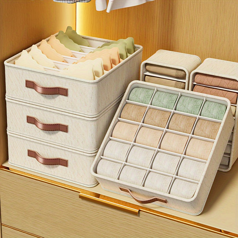 Beige foldable drawer organizer with rose gold handles for socks, underwear, and accessories. Ideal for contemporary closet organization.