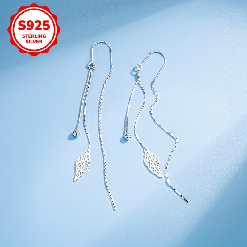 A set of women's earrings featuring tassels and hollow leaf design, weighing 2.6g in 925 sterling silver, perfect for everyday wear or gifting