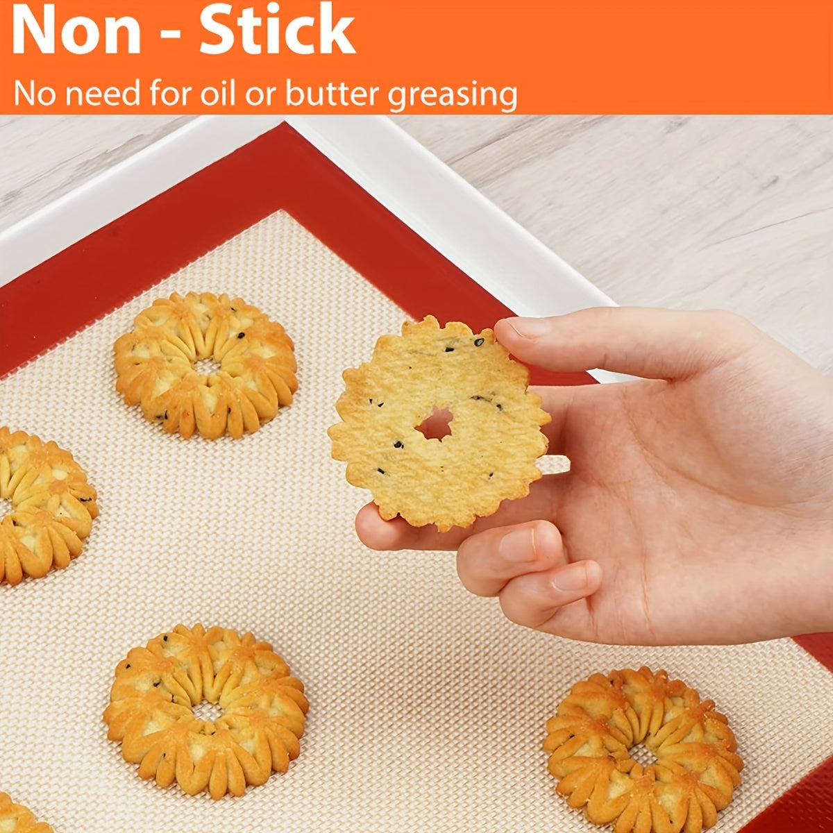 Two pieces of Silicone Baking Mats (measuring 39.88cmx29.97cm) for baking, can be reused. These heat-resistant mats are non-stick and can be used as oven liners for cakes and cookies. Perfect for baking macarons, cookies, and other treats. A must-have