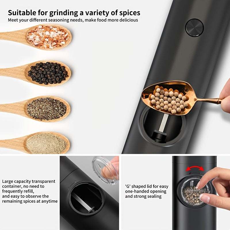 The CLITON Electric Pepper Grinder is a convenient and stylish addition to your kitchen. This grinder features a built-in storage base for whole black pepper, and automatically grinds salt, pepper, and other spices with ease. Made of durable plastic and