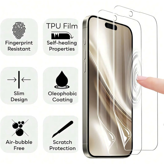 Water gel screen protectors for iPhone models X through 16 Pro Max offer HD clarity, scratch protection, and anti-fingerprint nano coating.