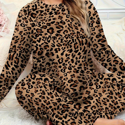 Ayollar uchun Leopard Print Pajama Set: 100% Polyester Trikotaj, Kattalar uslubi, Uzoq yeng va shimlar, Bahor/Kuz dam olish kiyimlari