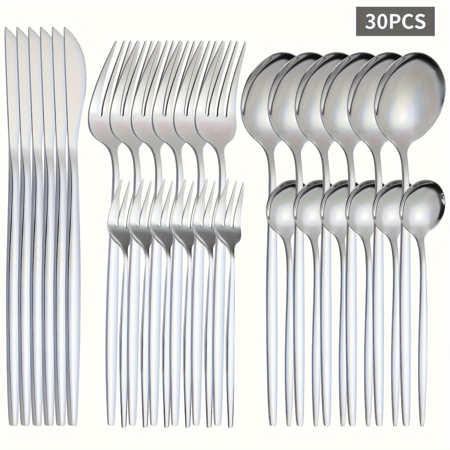 30-piece stainless steel cutlery set, including fork, knife, and spoon. Durable, dishwasher safe, and mirror polished.