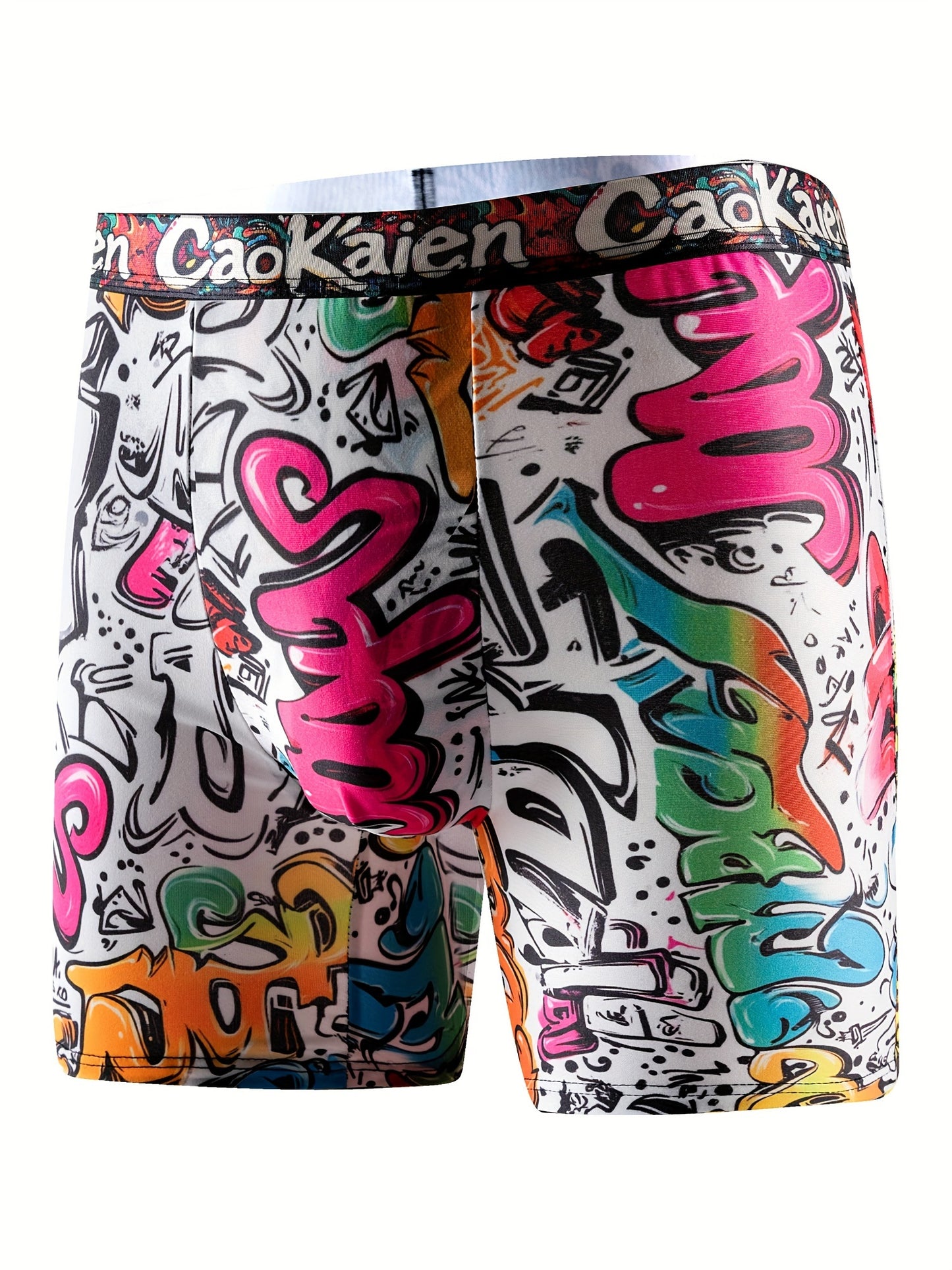 5 Vibrant Graffiti-Style Men's Long Boxer Briefs - Pop Art Inspired, Ultra-Soft Polyester Blend, Elastic Waistband