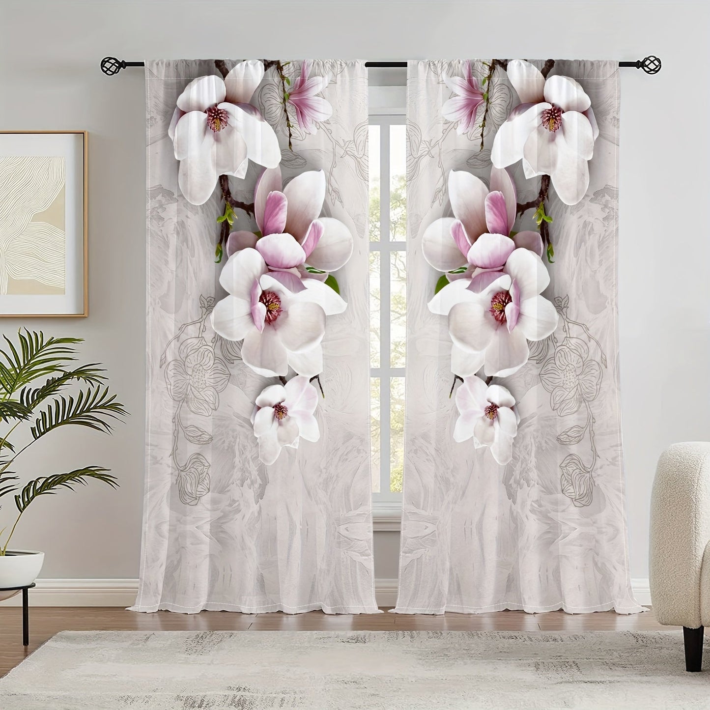 Set of 2 Magnolia Patterned Semi-Blackout Curtains with Rod Pocket, Perfect for Study, Bedroom, Kitchen, Living Room, Playroom, Office, or Patio Décor