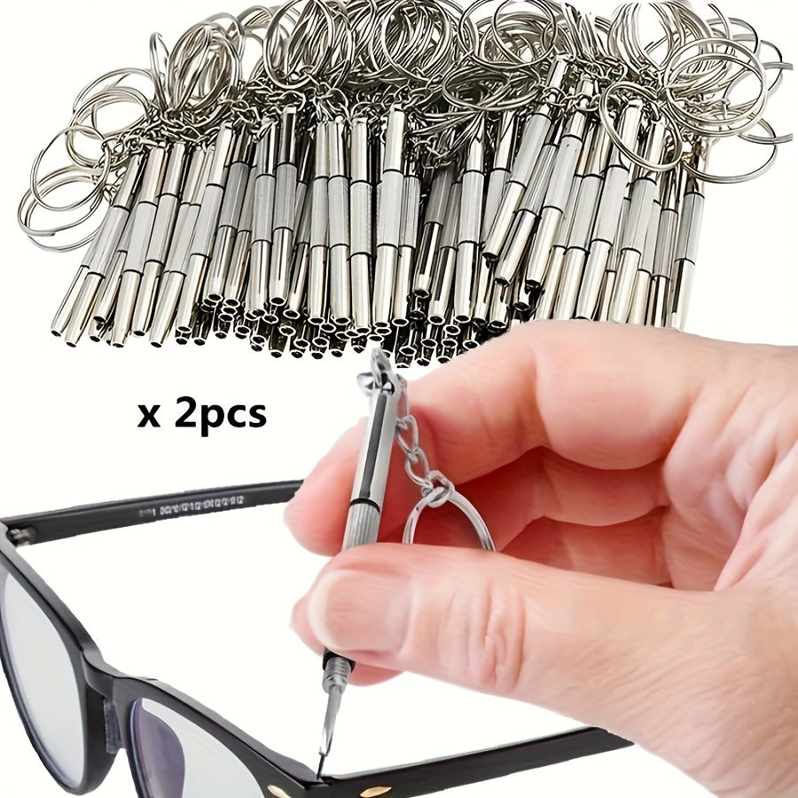 Steel glasses screwdriver set with keychain, precision hand tools for watch and eyeglass repair.