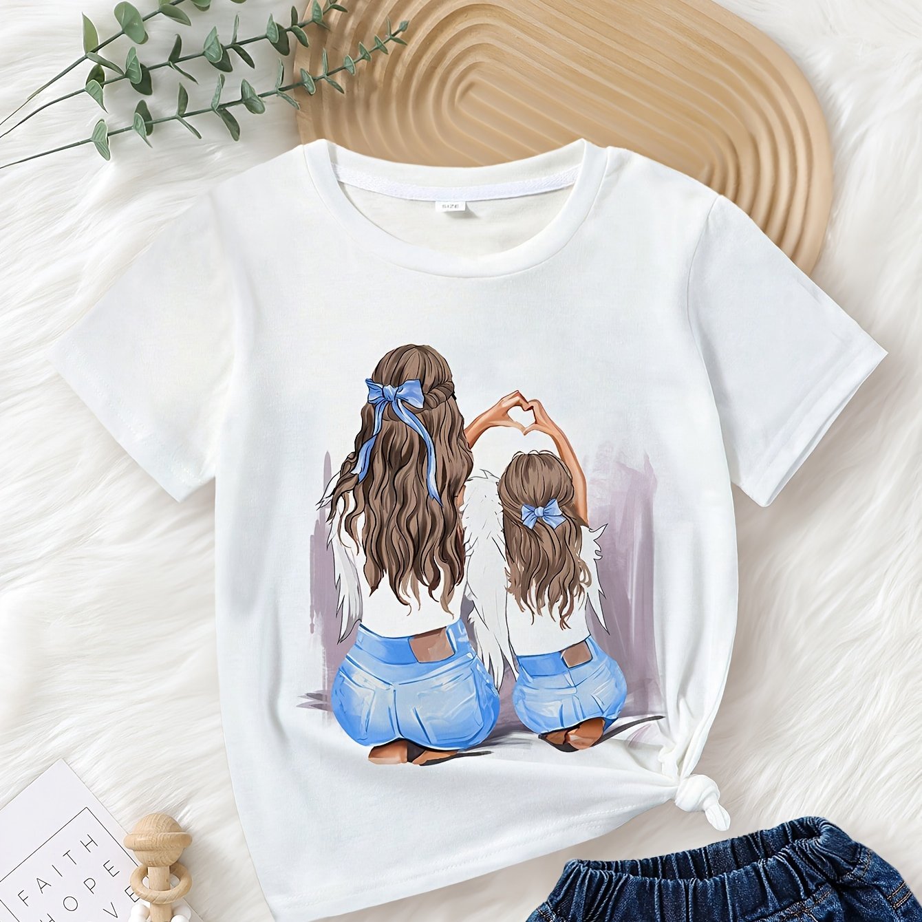 Girls' summer cartoon tee with crew neck, short sleeves, and regular fit. Made from polyester fabric.