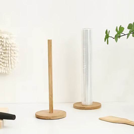 A vertical bamboo rack designed to store and hold kitchen paper towels, cloths, cling film, and other items. The rack comes with a detachable kitchen paper towel holder.