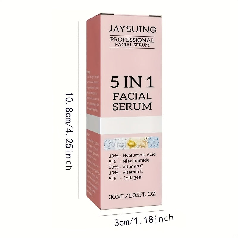 2pcs JAYSUING 5-in-1 Facial Serum with Hyaluronic Acid, Collagen, Niacinamide, Vitamin C & E. Controls oil, minimizes pores, and moisturizes all skin types. Hypoallergenic. 30ml each.