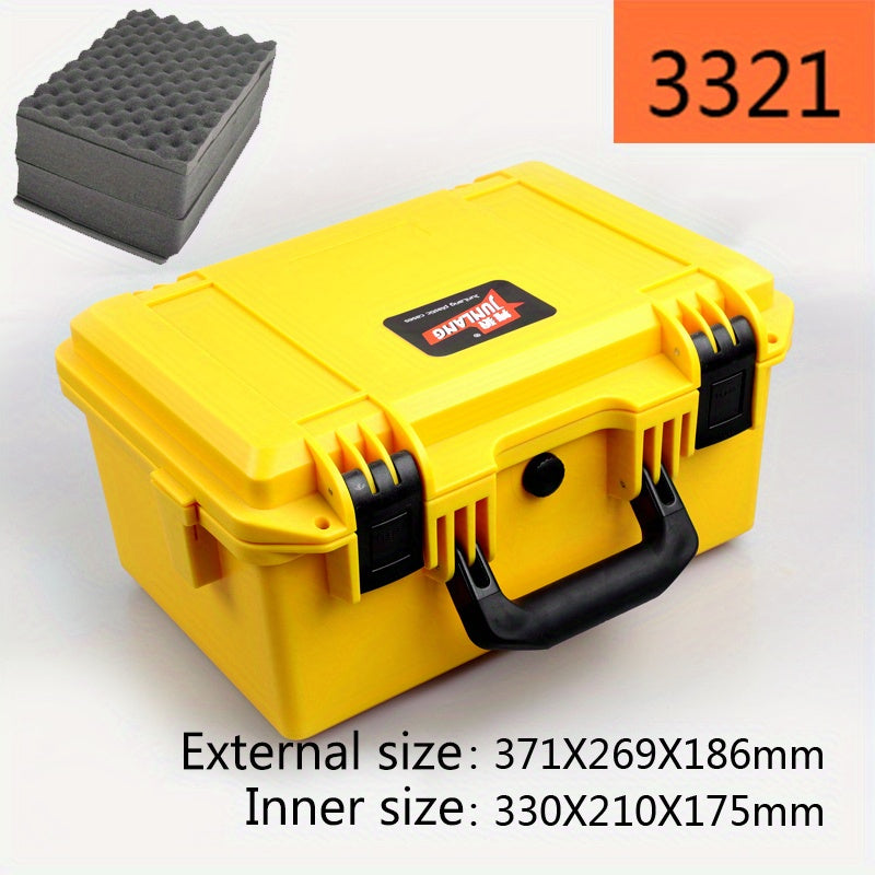 Portable plastic safety protection box for instruments, cameras, and tools. Waterproof and shockproof with sponge padding.