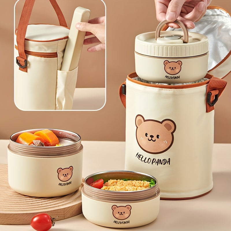 Stainless Steel Insulated Lunch Box with Microwave-Safe Soup Bowl, Portable Bento Box for Students & Office Workers, Cute Bear Design, Hand Wash Recommended, Round Shape, No Electricity Needed, Kitchen & Dining Storage Solution