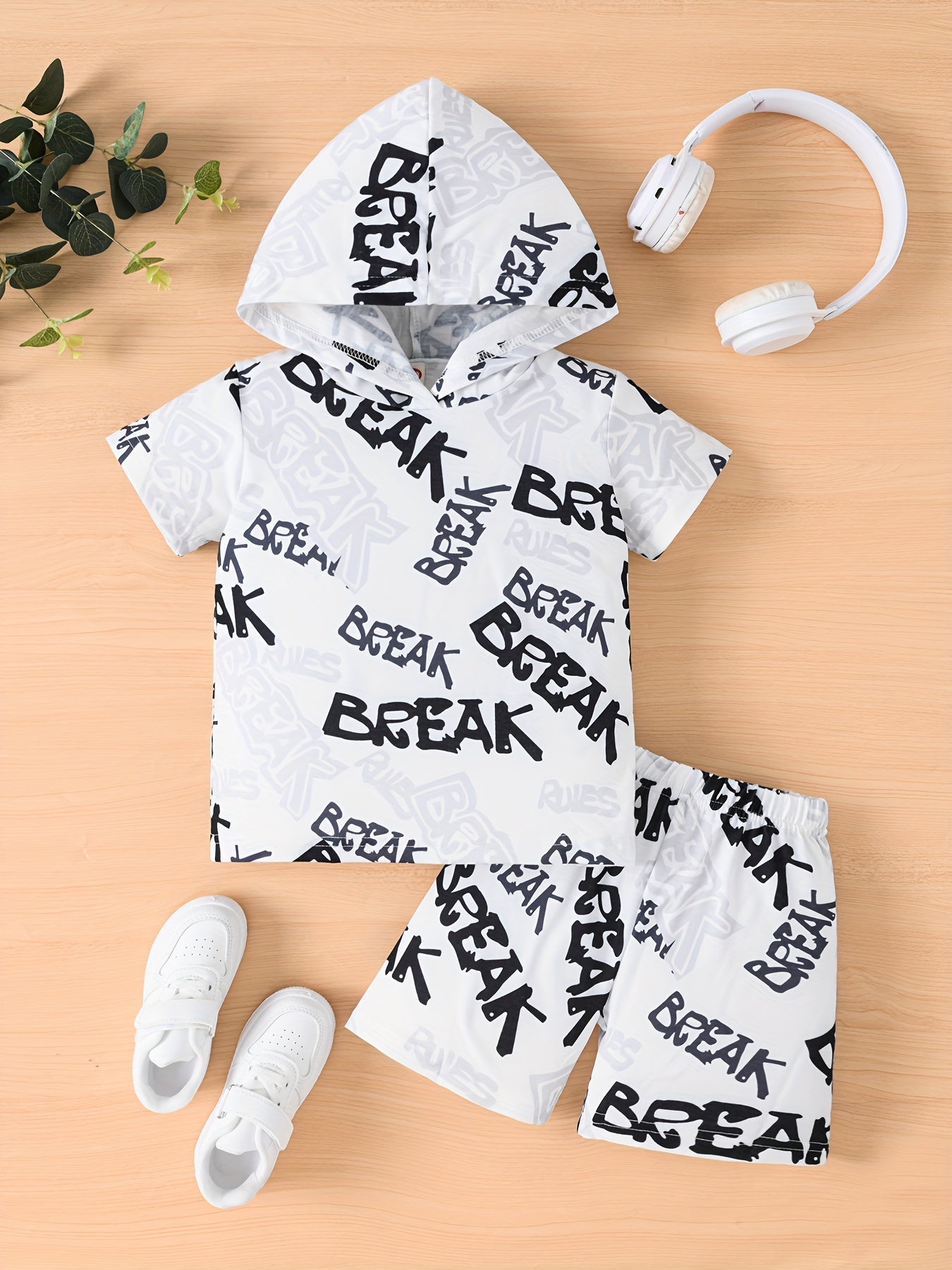 Boys' casual two-piece set with letter print hooded short sleeve t-shirt and shorts for outdoor wear.