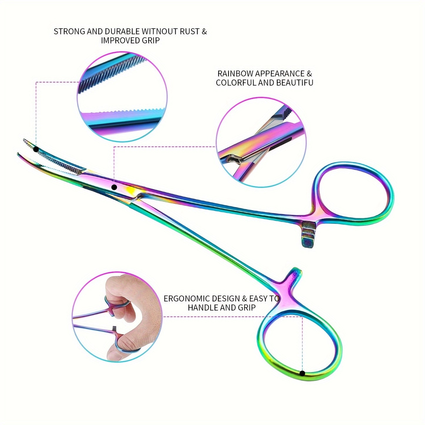 Set of 2 rainbow-colored hemostat forceps made of stainless steel, with straight and curved pliers for medical, veterinary, and hobby use. Ergonomic design for rust-resistance and