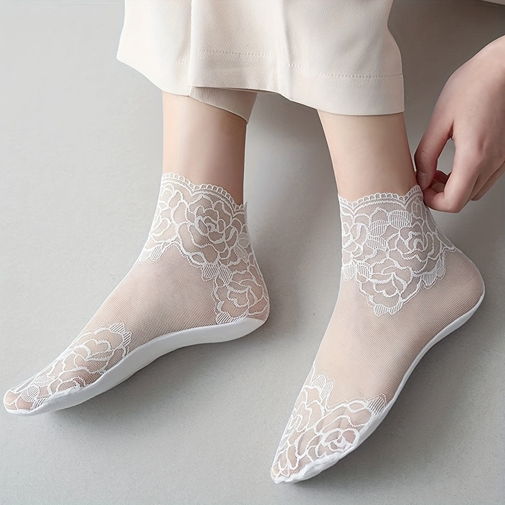 5 pairs of women's invisible boat socks featuring geometric-pattern lace floral trim, made of 95% polyester and 5% spandex knit fabric. Hand washable with contrast lace ankle socks.