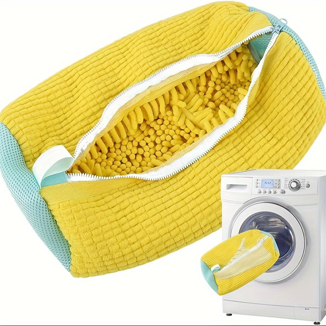 Yellow and teal zippered shoe wash bag for convenient laundry care of sneakers. Made of anti-deformation polyester with a mesh bottom and oval shape. Perfect for keeping your shoes clean and protected during the laundry process.