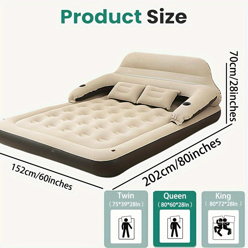 Inflatable air mattress with integrated pump, designed for maximum comfort and convenience. Made of durable plastic, featuring a deep fill design for optimal sleeping support. Includes backrest, headboard, and pillows for added relaxation. Suitable for