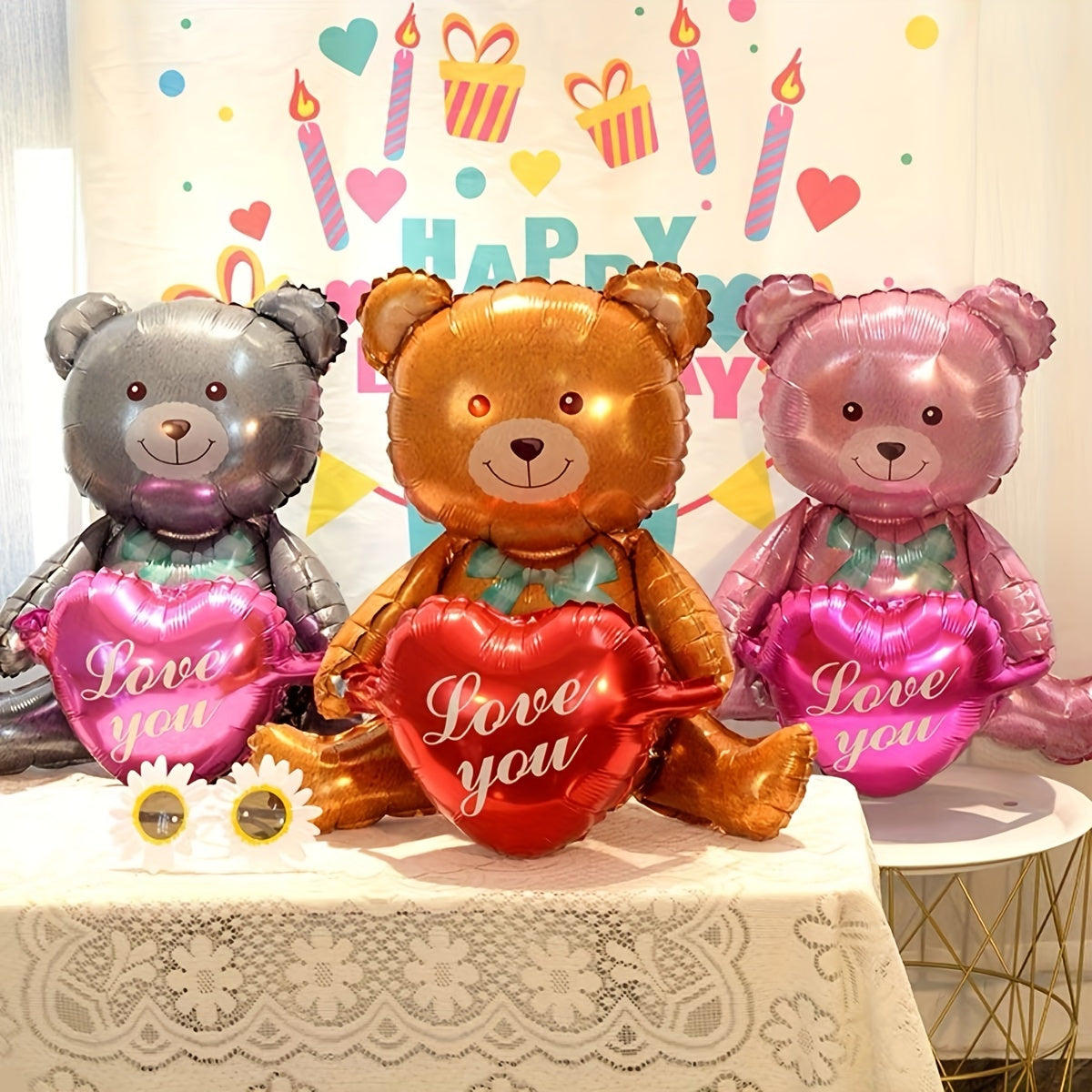 27-inch Valentine's Day teddy bear and heart balloon made of mixed color aluminum film, suitable for various events and ages 14+