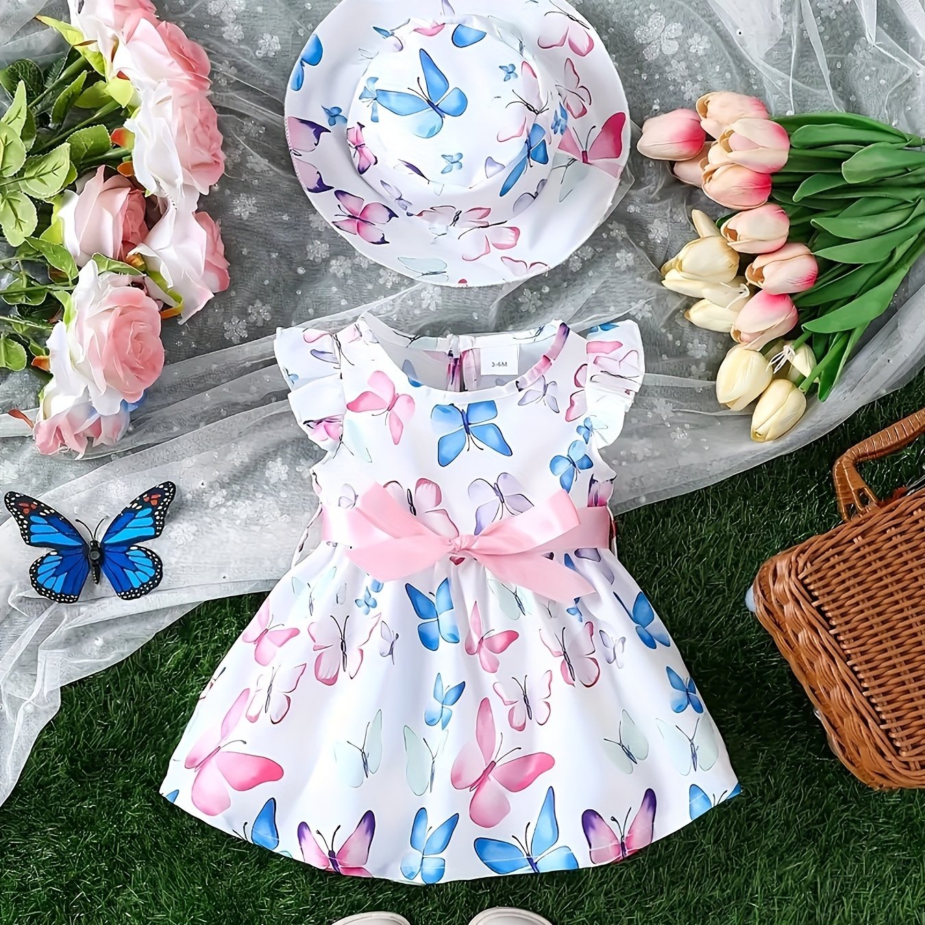 Cute Toddler Girls' Butterfly Print Dress and Matching Hat Set - Flutter sleeve design, perfect for summer vacations, made from polyester and spandex blend